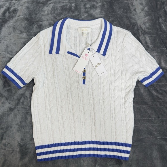 Lilly Pulitzer Sweaters - Lilly Pulitzer Women M Suzette Cable Knit Sweater White Blue Golf Tennis Preppy